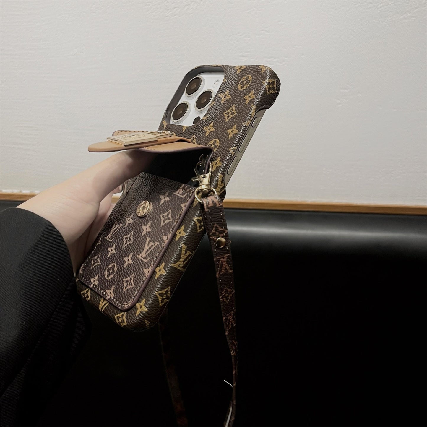 LV Crossbody Card Holder Monogram Canvas Lock Button Apple iPhone Case