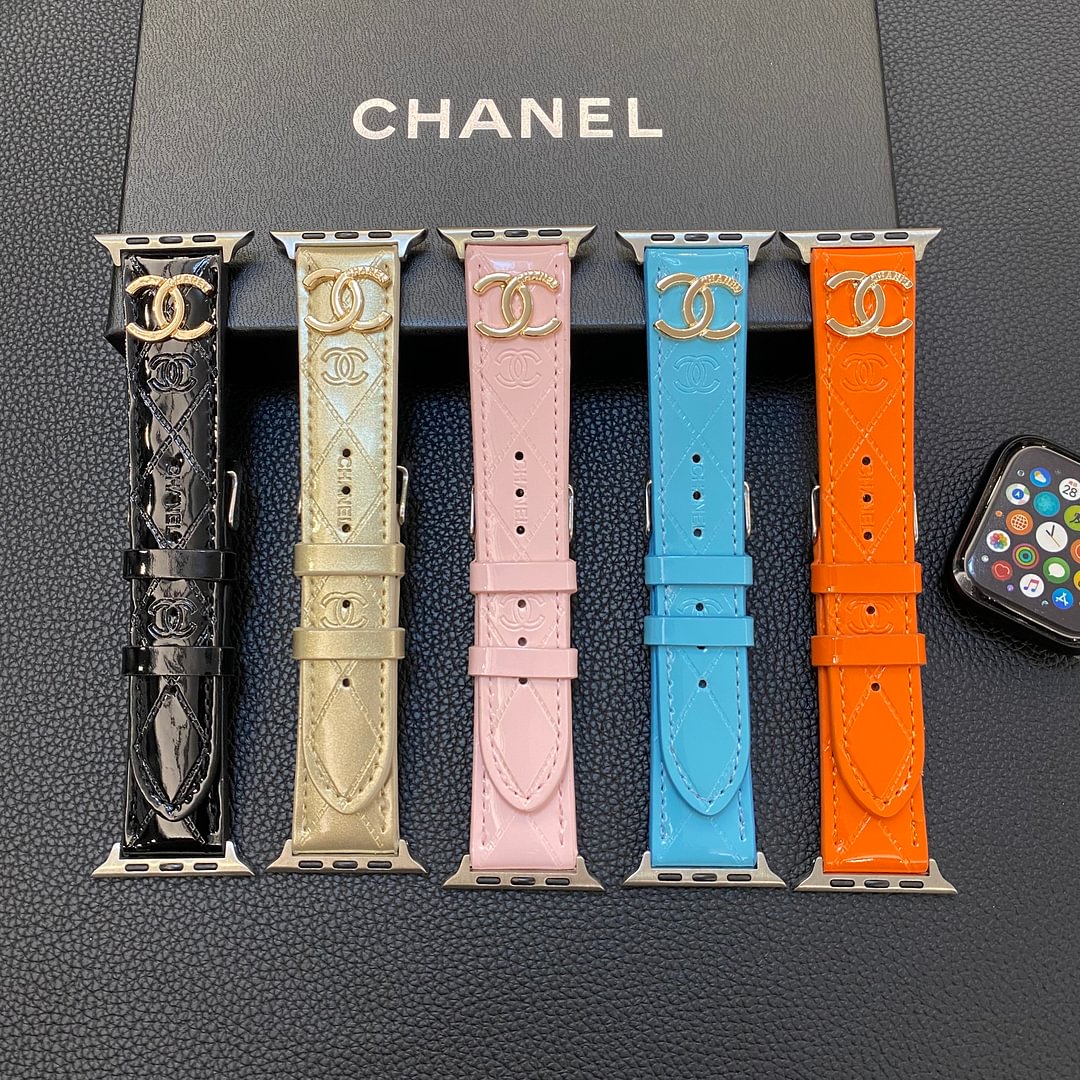 Chanel Glossy Leather Apple Watch Strap Luxury Metal Logo