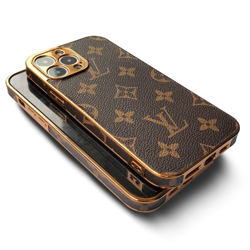 SOFT LUXURY LV IPHONE CASE WITH GOLDEN BORDER 16 TO 13