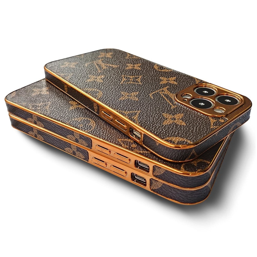 SOFT LUXURY LV IPHONE CASE WITH GOLDEN BORDER 16 TO 13