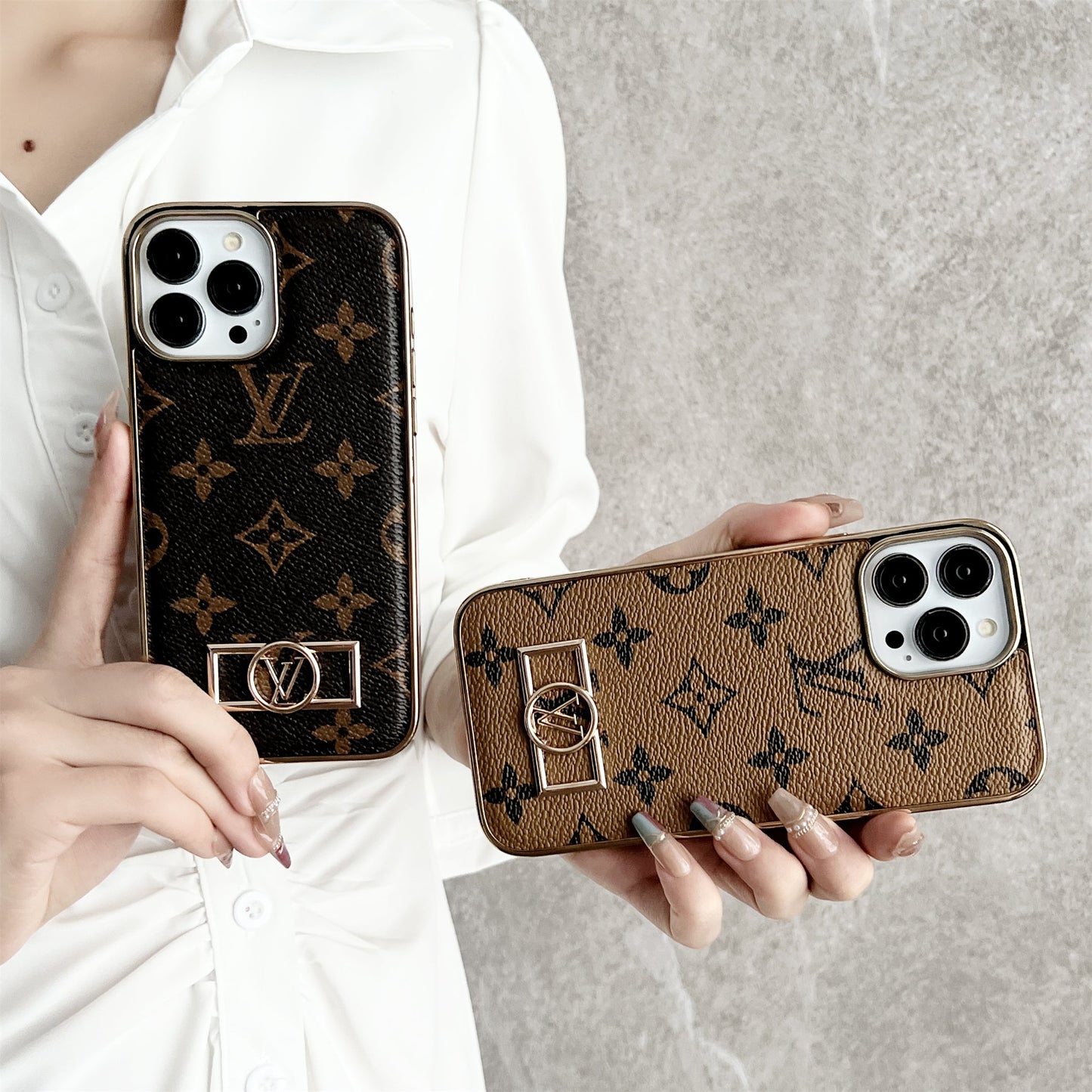 LV Circle Monogram Canvas Leather Premium Electroplating Apple iPhone Case