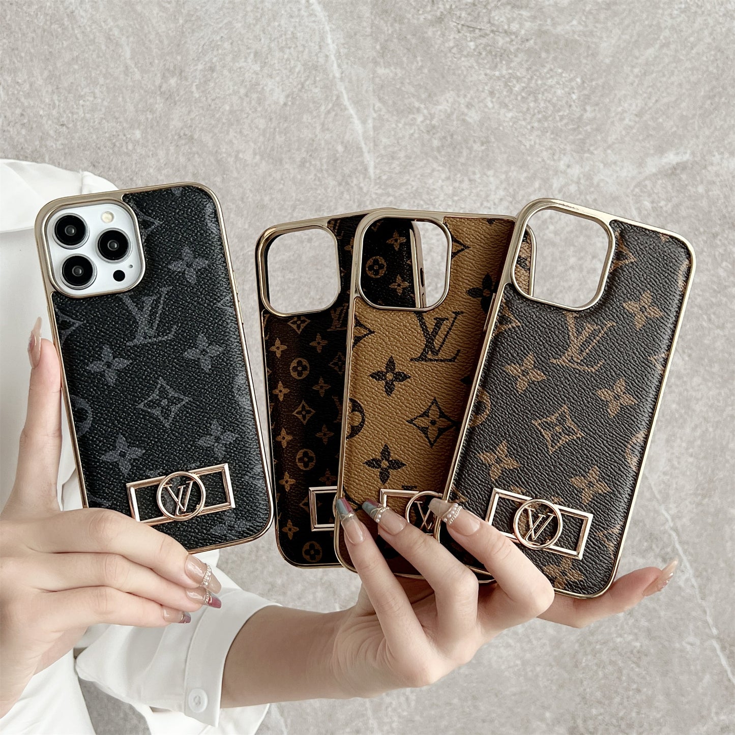 LV Circle Monogram Canvas Leather Premium Electroplating Apple iPhone Case