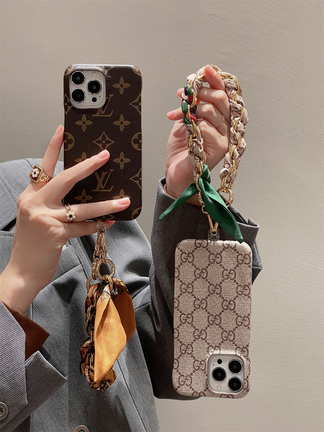 LUXURY LV GUCCI CANVAS APPLE IPHONE CASE DETACHABLE SILK SCARF WRISTBAND