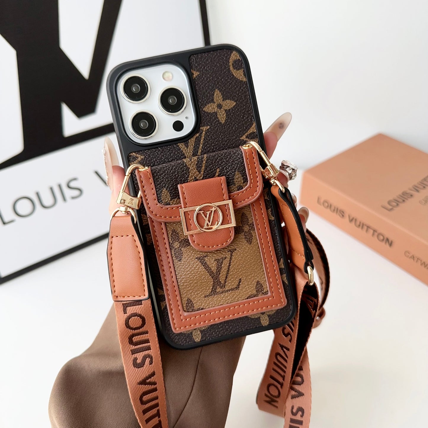 LV LEATHER MONOGRAM CROSSBODY IPHONE CASE