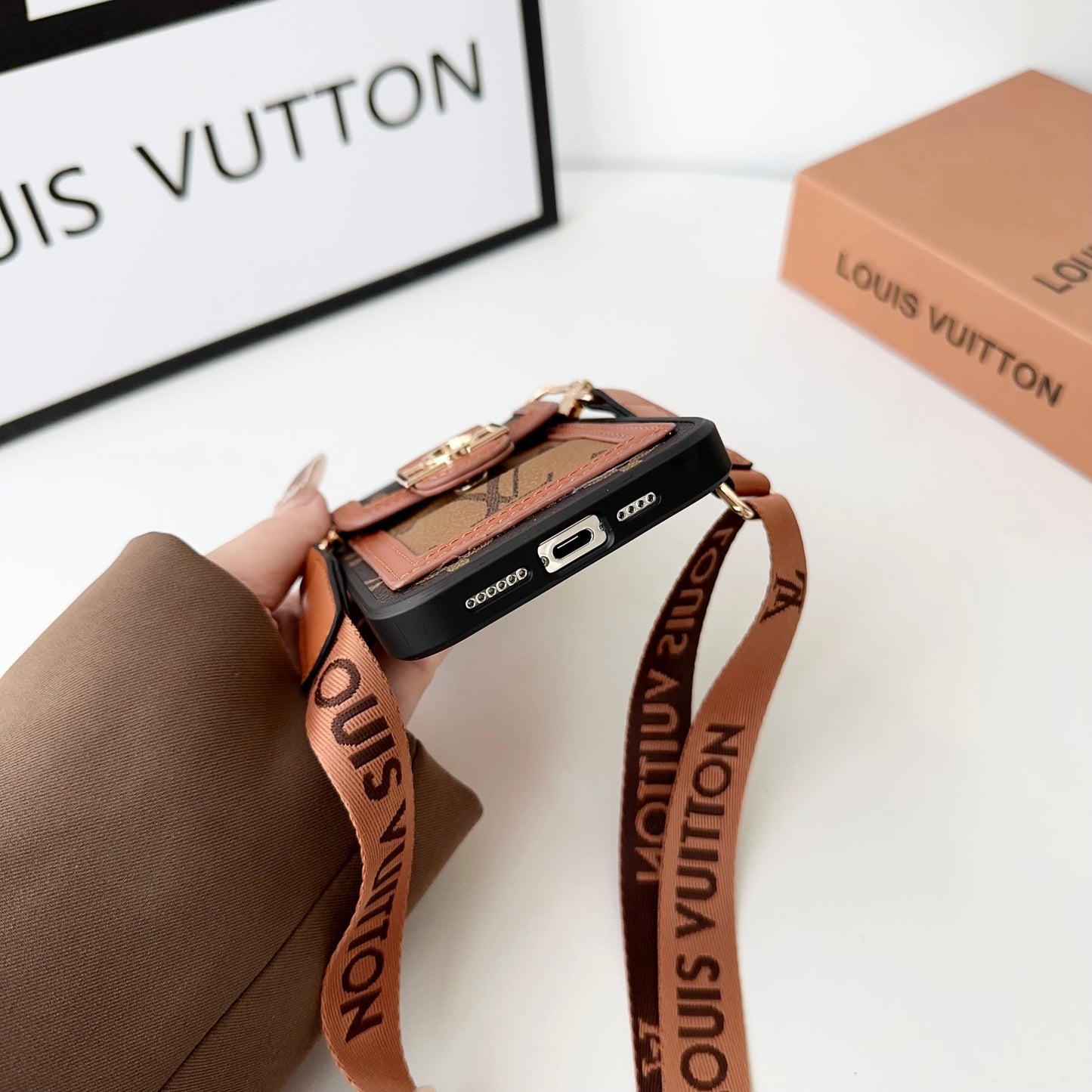 LV LEATHER MONOGRAM CROSSBODY IPHONE CASE