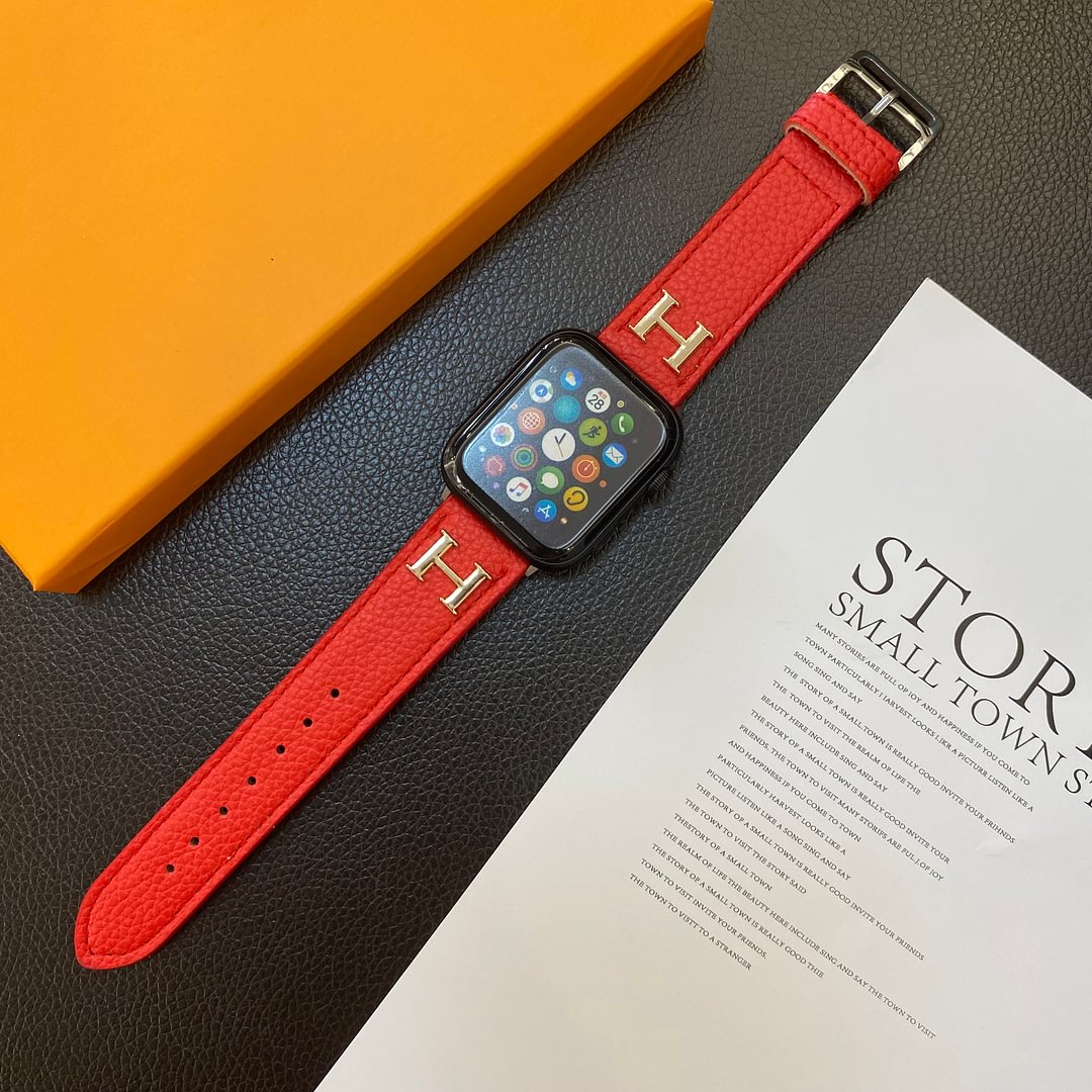 Hermes H Genuine Lychee Pattern Leather Apple Watch Strap