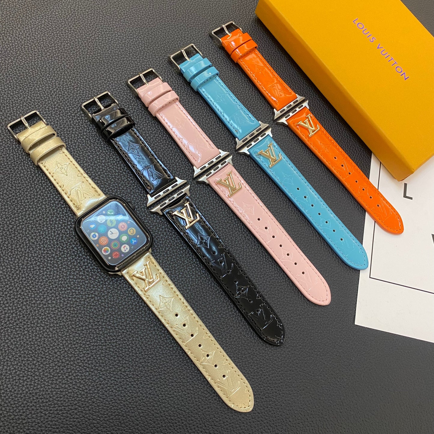 LV GLOSSY LEATHER APPLE WATCH STRAP LUXURY METAL LOGO