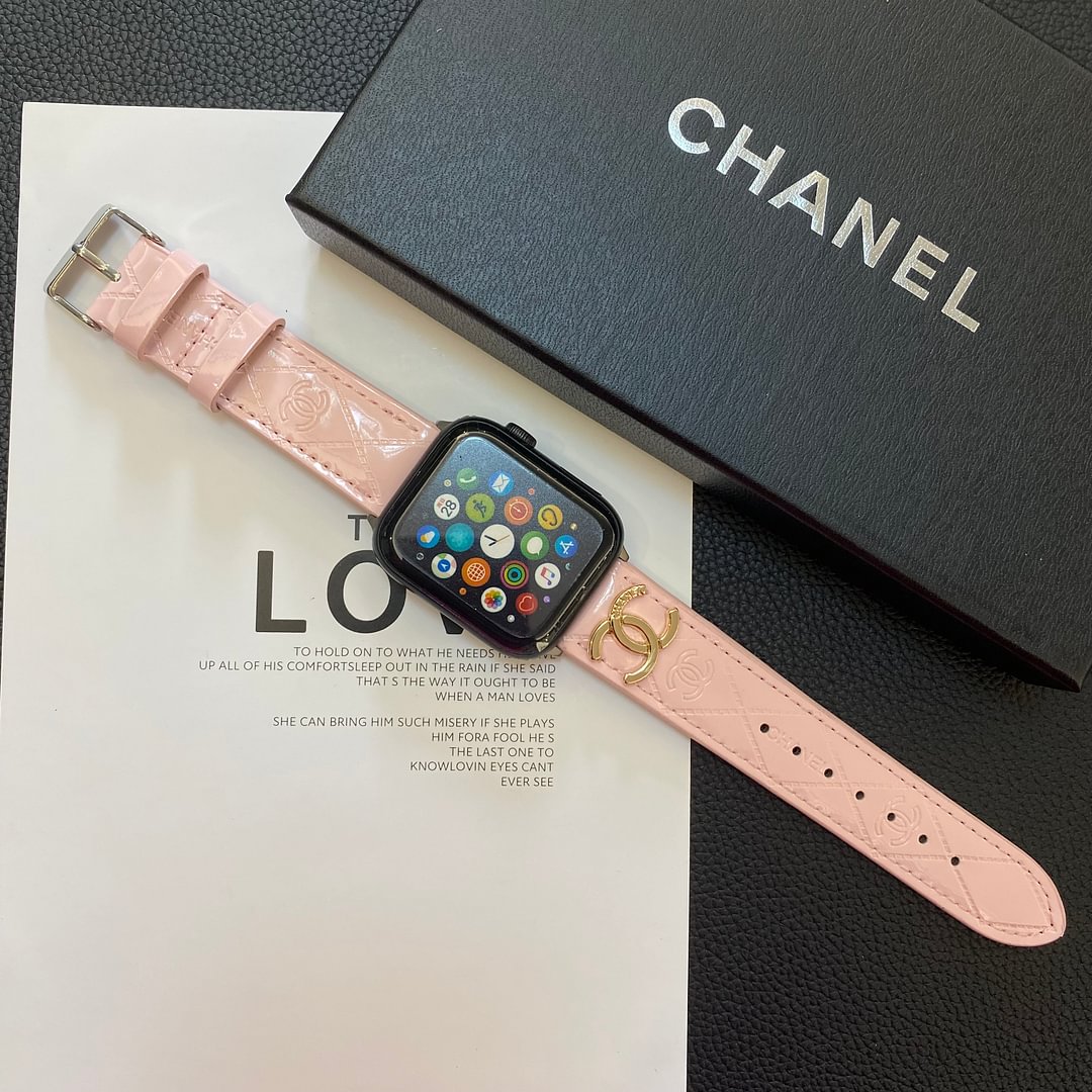 Chanel Glossy Leather Apple Watch Strap Luxury Metal Logo