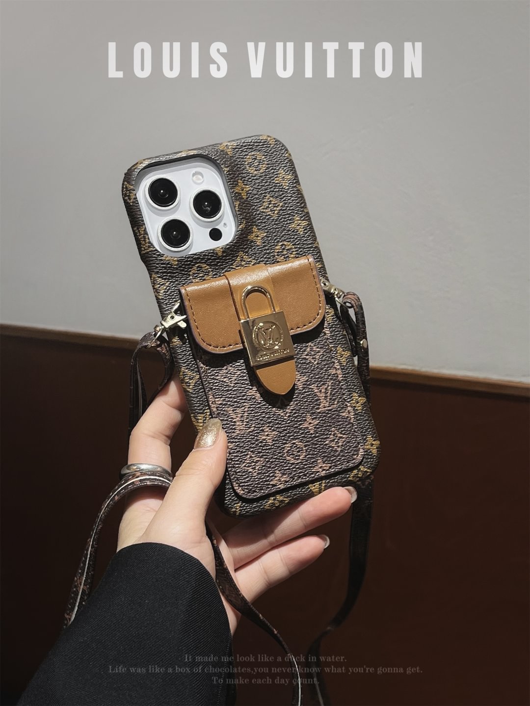 LV Crossbody Card Holder Monogram Canvas Lock Button Apple iPhone Case