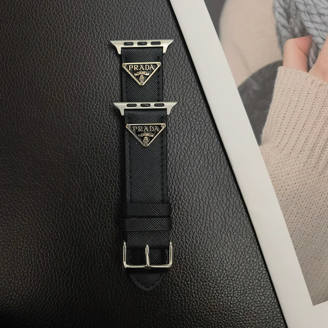 Prada Classic Double Triangle Monogram Label Leather Apple Watch Band