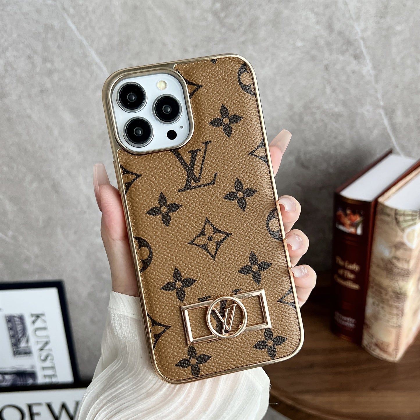 LV Circle Monogram Canvas Leather Premium Electroplating Apple iPhone Case