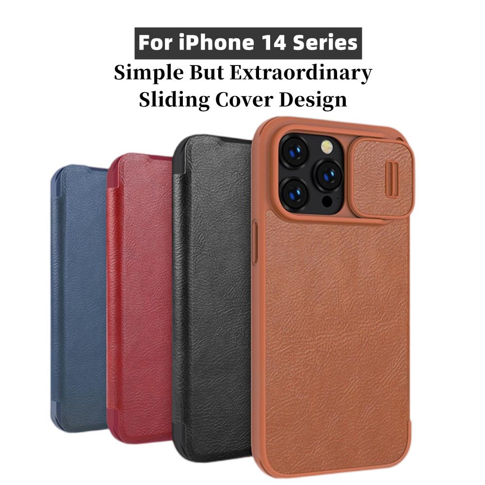 For iPhone 14 Leather Flip Cover Slide Camera Lens Protection Case - theroxymob