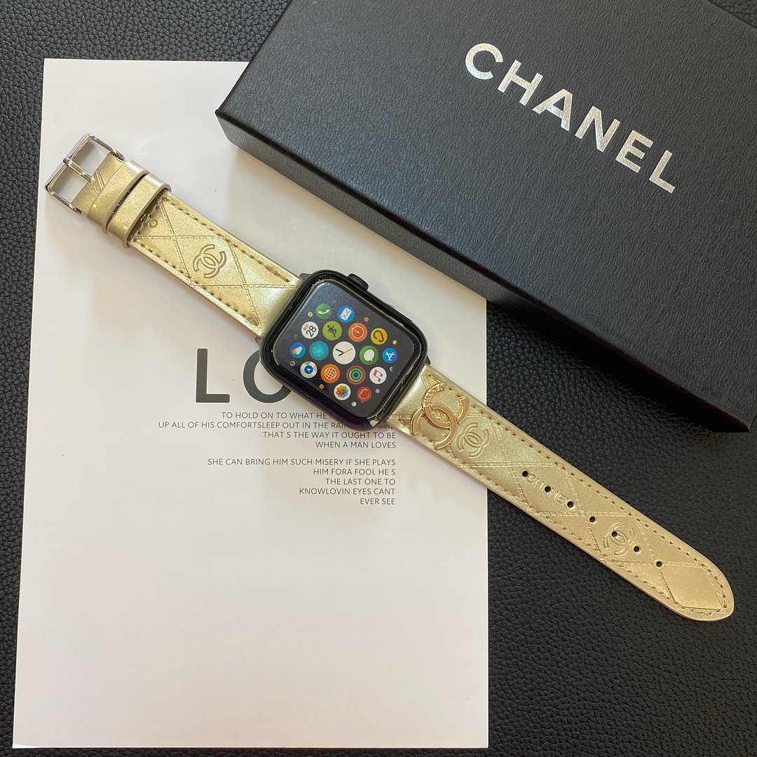 Chanel Glossy Leather Apple Watch Strap Luxury Metal Logo