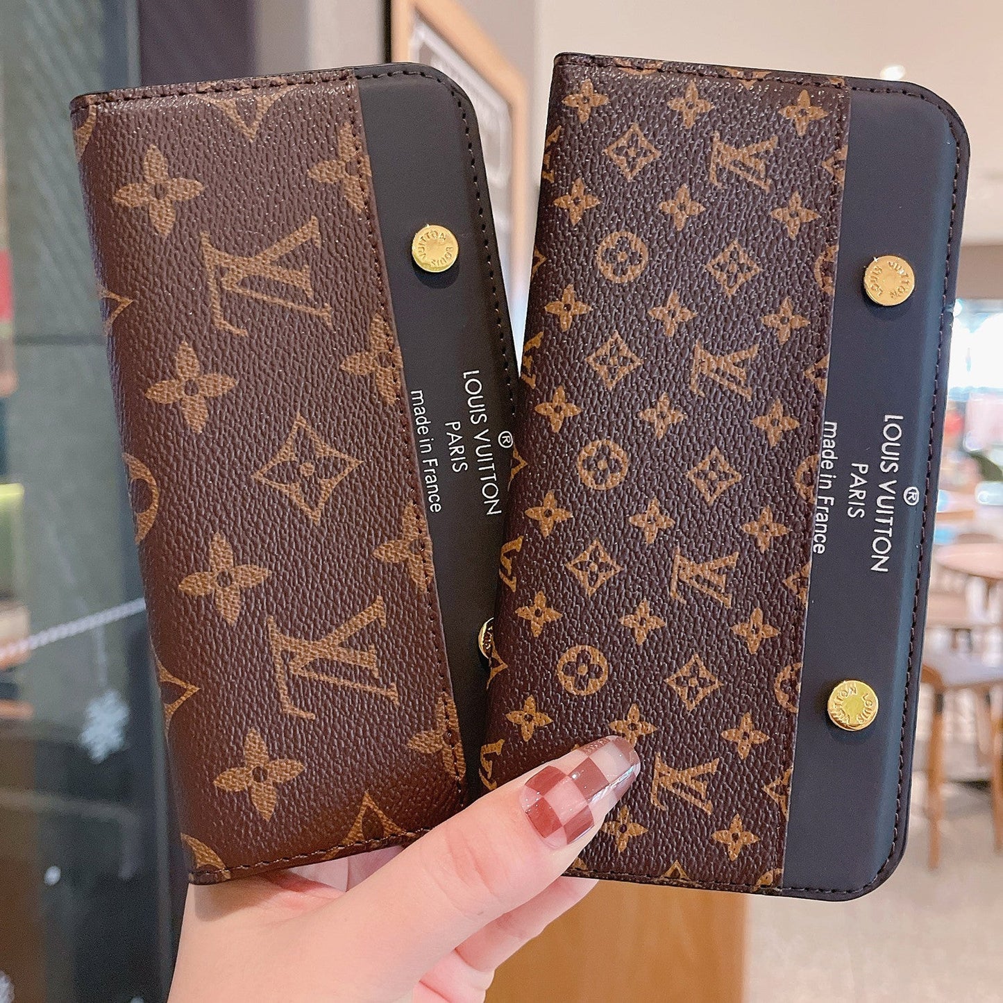 LV Flip Monogram Canvas Rivet Leather Case Apple Card Holder iPhone Case