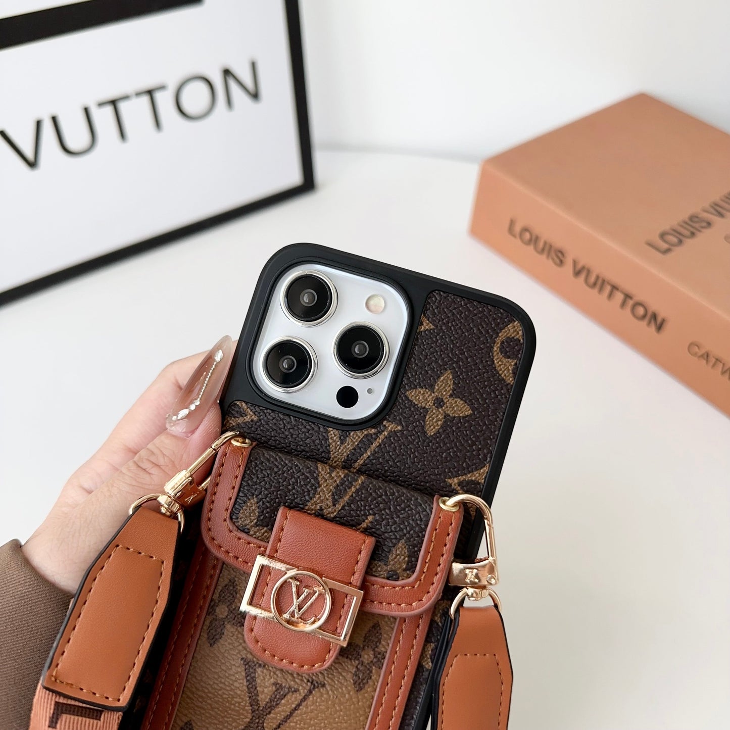 LV LEATHER MONOGRAM CROSSBODY IPHONE CASE