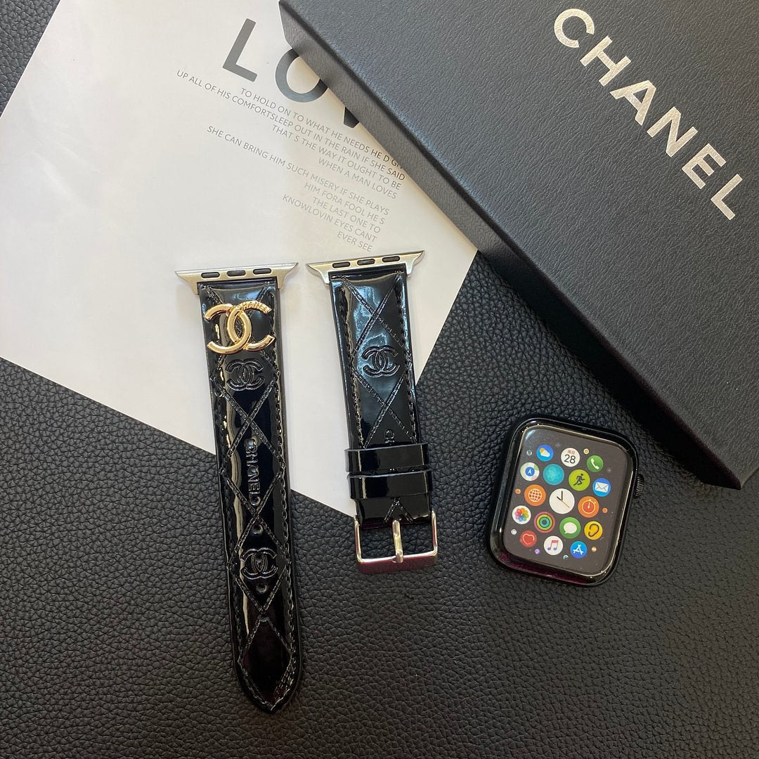 Chanel Glossy Leather Apple Watch Strap Luxury Metal Logo