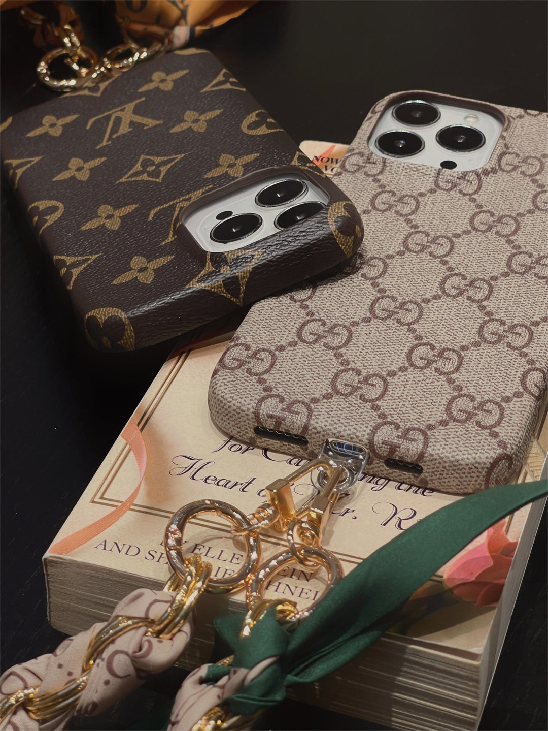 LUXURY LV GUCCI CANVAS APPLE IPHONE CASE DETACHABLE SILK SCARF WRISTBAND