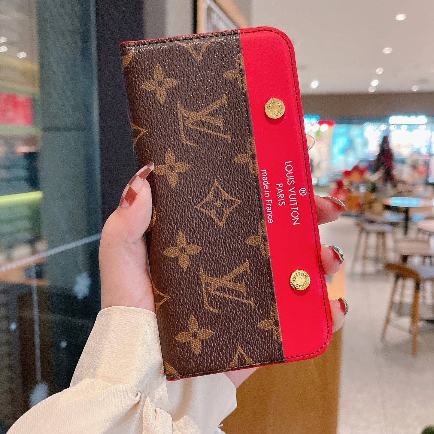 LV Flip Monogram Canvas Rivet Leather Case Apple Card Holder iPhone Case