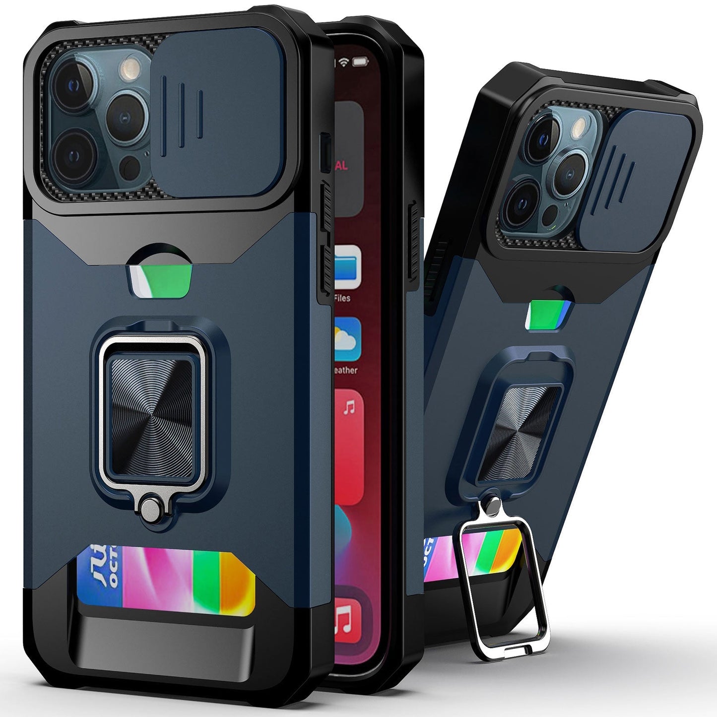 Slide Camera Cover Kickstand Card Wallet Case for iPhone 14 Shockproof Grade Protective Phone Case - theroxymob