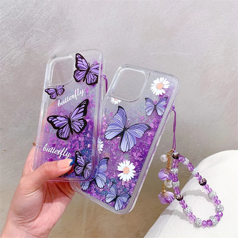 Butterfly Purple Quicksand Case for iPhone 13 14 15