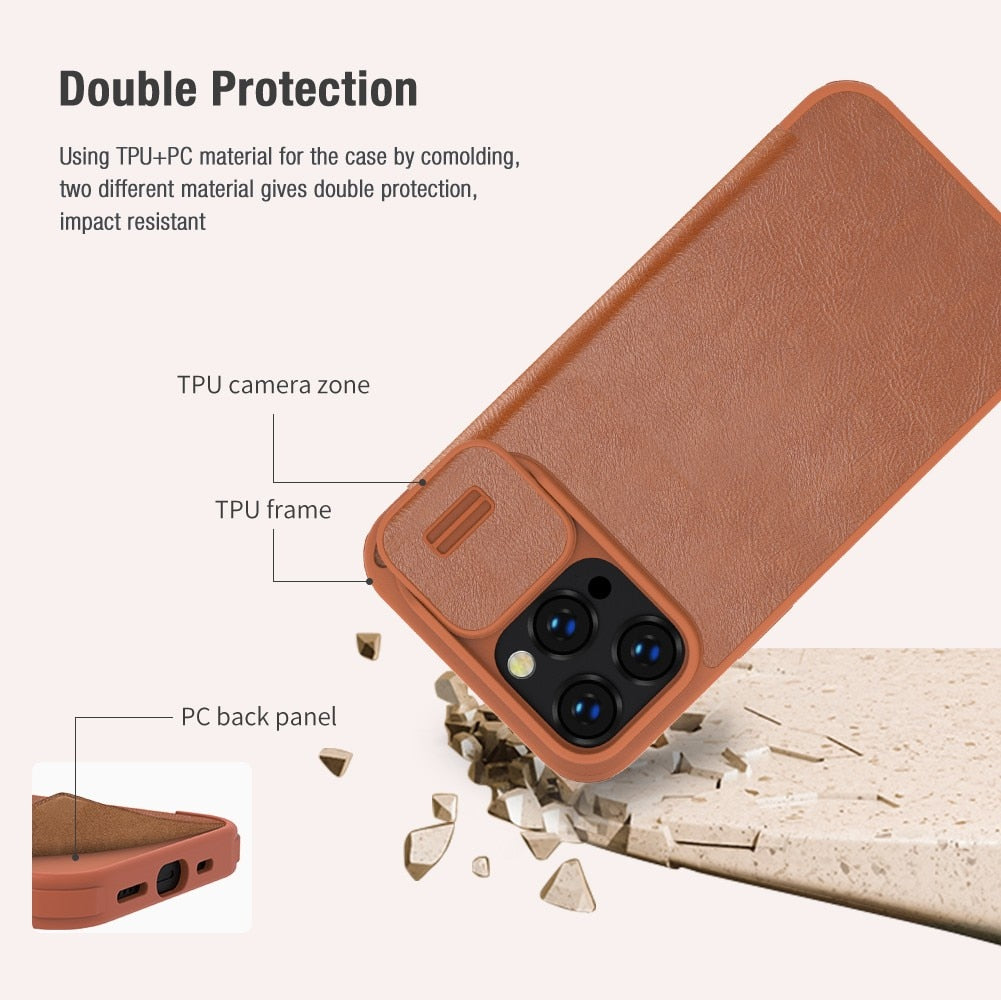 For iPhone 14 Leather Flip Cover Slide Camera Lens Protection Case - theroxymob