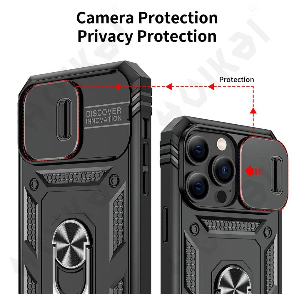 Slide Camera Case For iPhone 14 Heavy Duty Build in 360 Degree Rotate Kickstand Covers - theroxymob