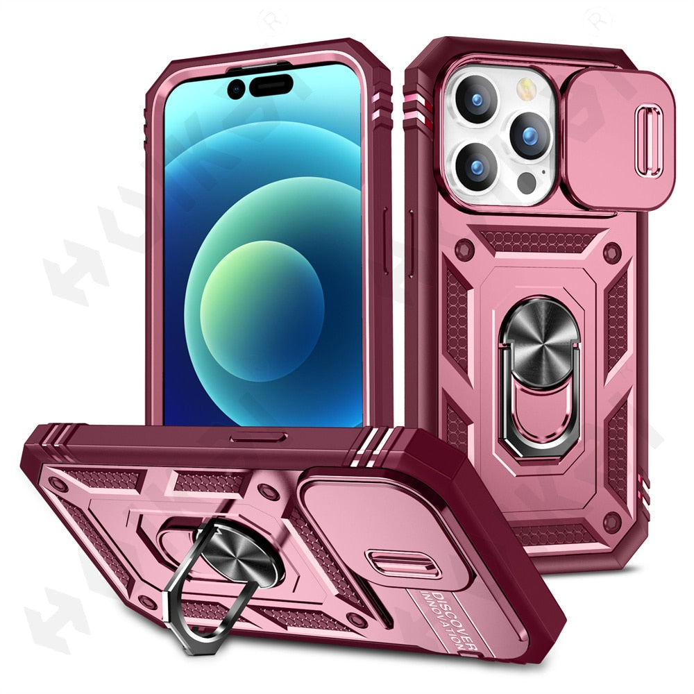 Slide Camera Case For iPhone 14 Heavy Duty Build in 360 Degree Rotate Kickstand Covers - theroxymob