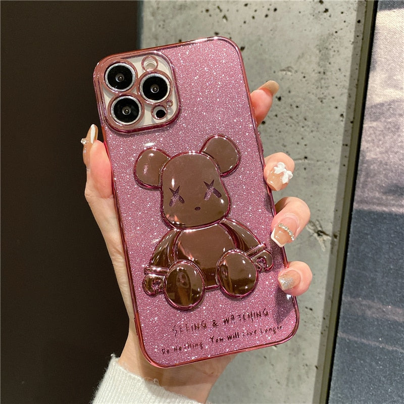 Plating Glitter Bear Phone Case For iPhone 14 13 12 - theroxymob