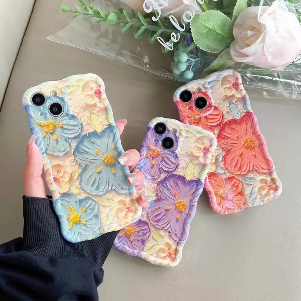 Blue Light Oil Painting Flower Phone Case for iPhone 16 15 14 Proof Anti-knock