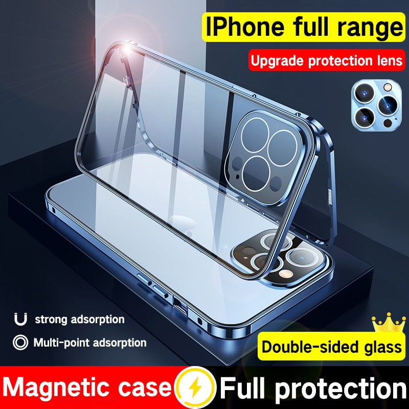 Magnetic Metal Adsorption Case For iPhone 14 Double-sided Glass Lens Protection Snap On Cover - theroxymob