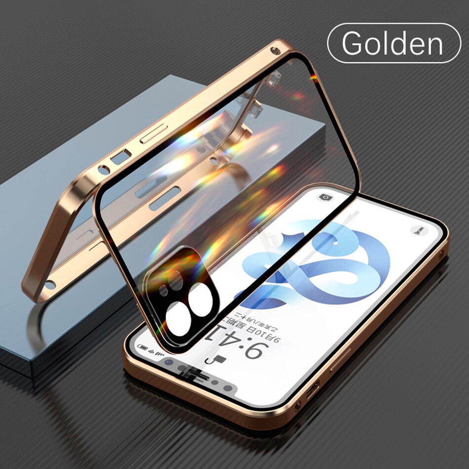 Magnetic Metal Adsorption Case For iPhone 14 Double-sided Glass Lens Protection Snap On Cover - theroxymob