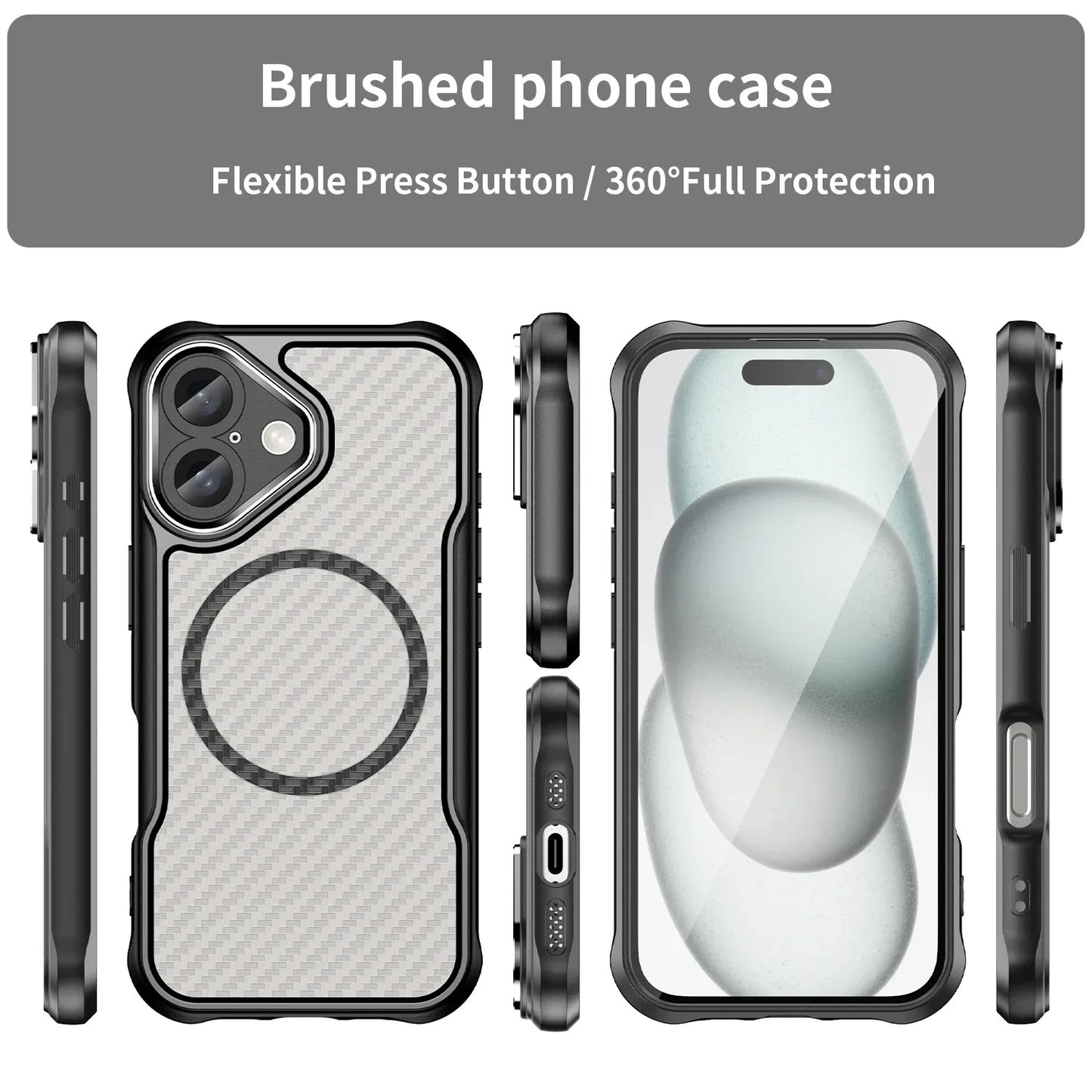 Magnetic Carbon Fiber Pattern TPU+PC Case For iPhone 16 ShockProof Alloy Lens Phone Cover