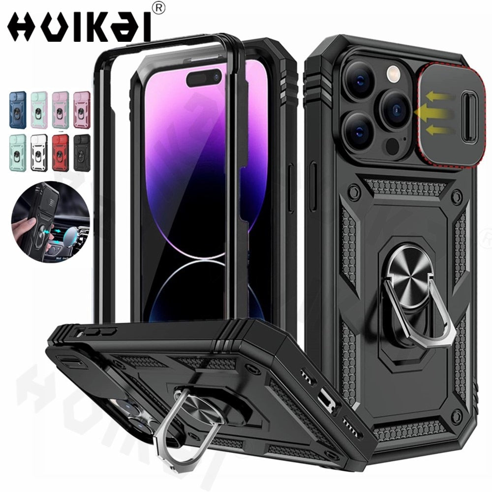 Slide Camera Case For iPhone 14 Heavy Duty Build in 360 Degree Rotate Kickstand Covers - theroxymob