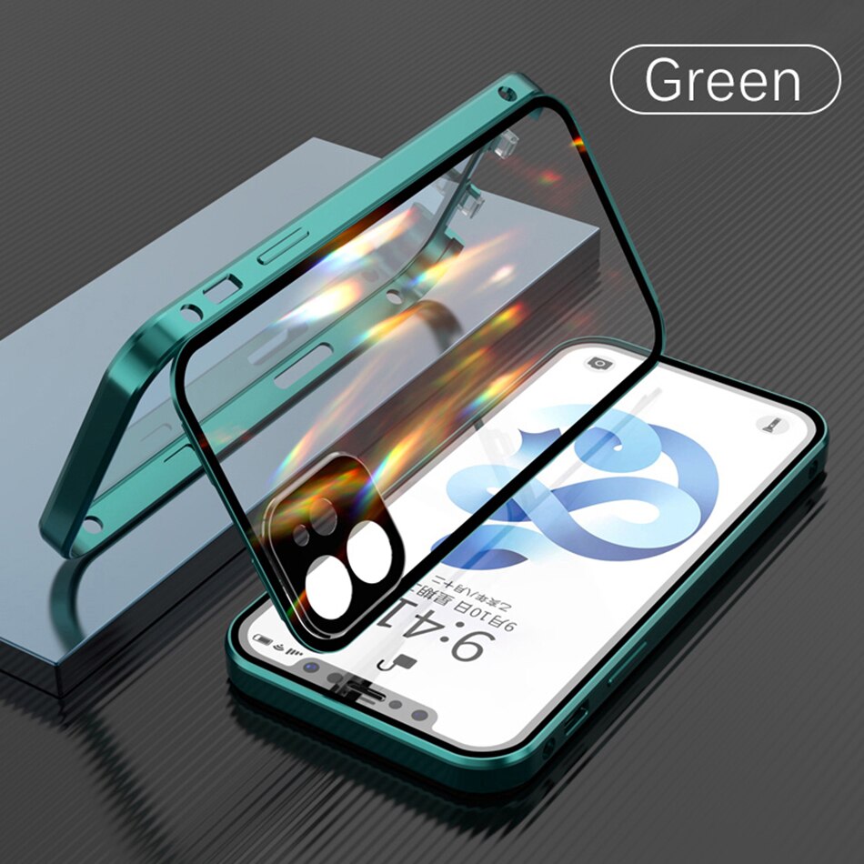 Magnetic Metal Adsorption Case For iPhone 14 Double-sided Glass Lens Protection Snap On Cover - theroxymob