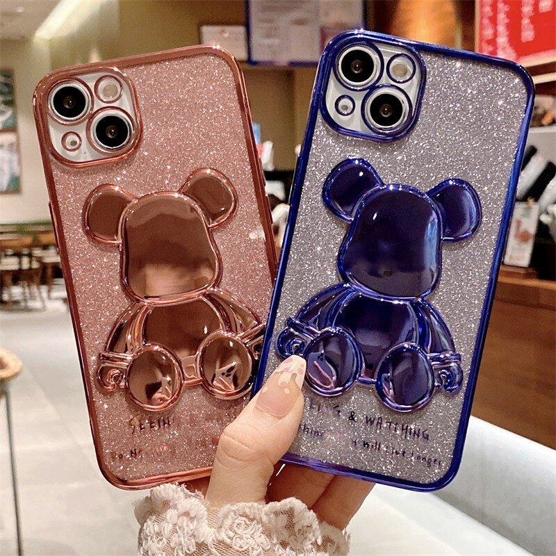 Plating Glitter Bear Phone Case For iPhone 14 13 12 - theroxymob