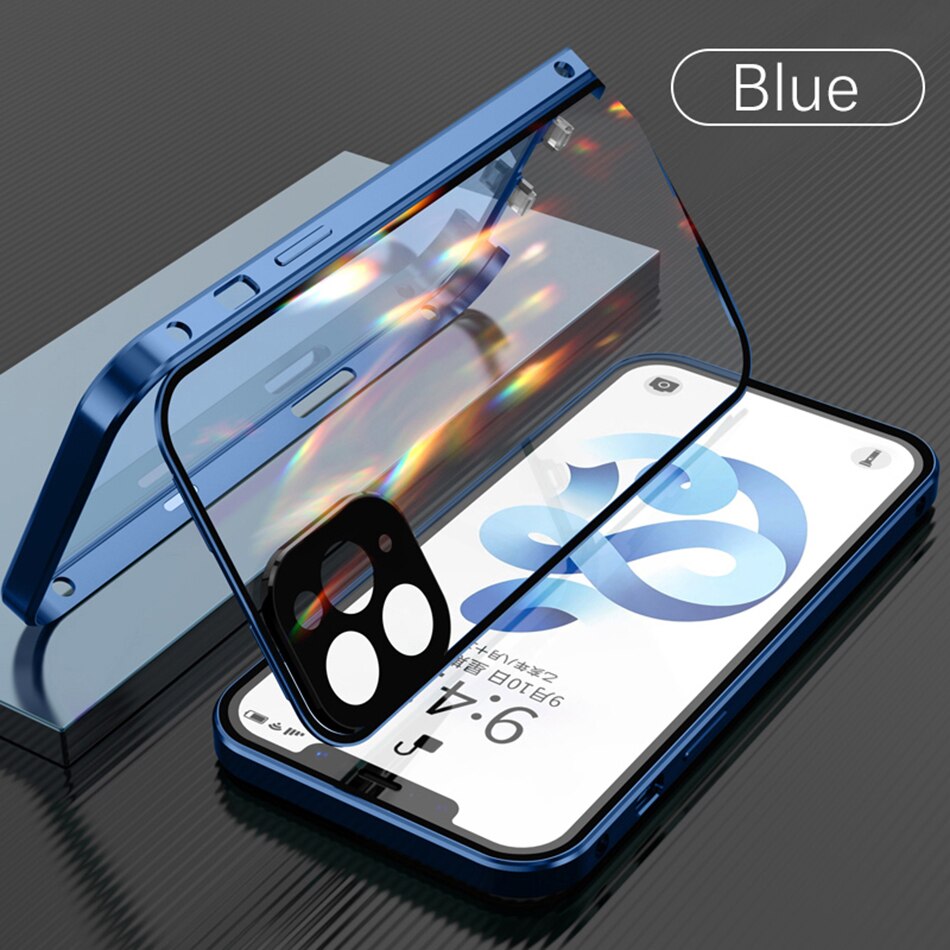 Magnetic Metal Adsorption Case For iPhone 14 Double-sided Glass Lens Protection Snap On Cover - theroxymob