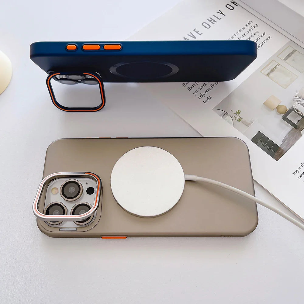 Matte camera frame holder magsafe charging phone case for iPhone 16/ 15/ 14 lens film shockproof magnetic hard back cover