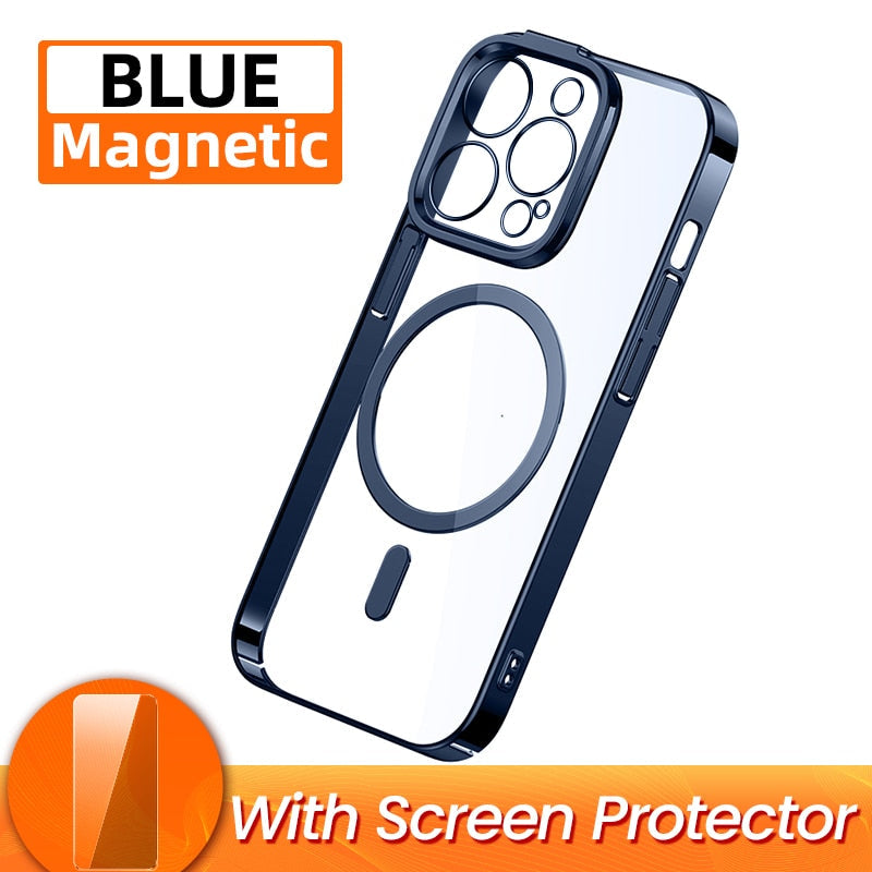 Magnetic Plating Case For iPhone 14 New Protective Phone Case Transparent Shockproof Magnet Back Cover - theroxymob