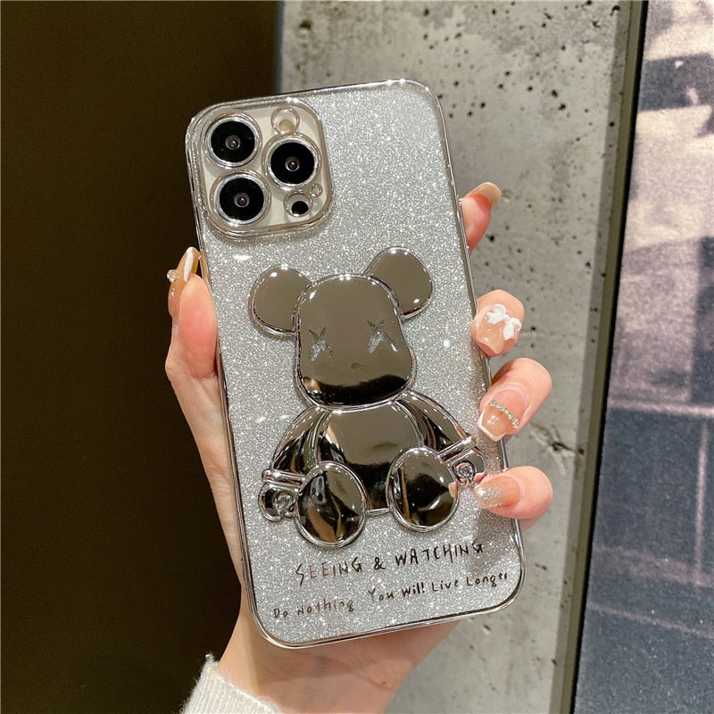 Plating Glitter Bear Phone Case For iPhone 14 13 12 - theroxymob