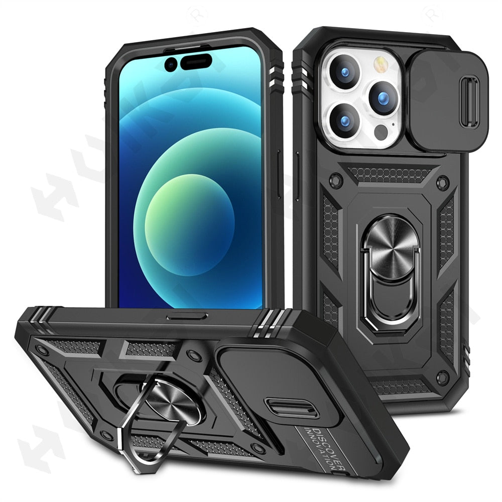 Slide Camera Case For iPhone 14 Heavy Duty Build in 360 Degree Rotate Kickstand Covers - theroxymob