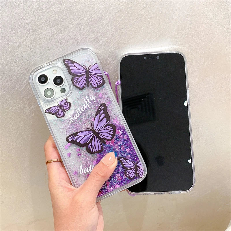 Butterfly Purple Quicksand Case for iPhone 13 14 15