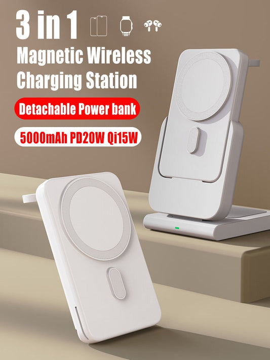 MacSafe 3 in 1 Magnetic Power Bank Wireless Charging Station 5000mAh External Auxiliary Battery For iPhone 14/13/12 Apple Watch