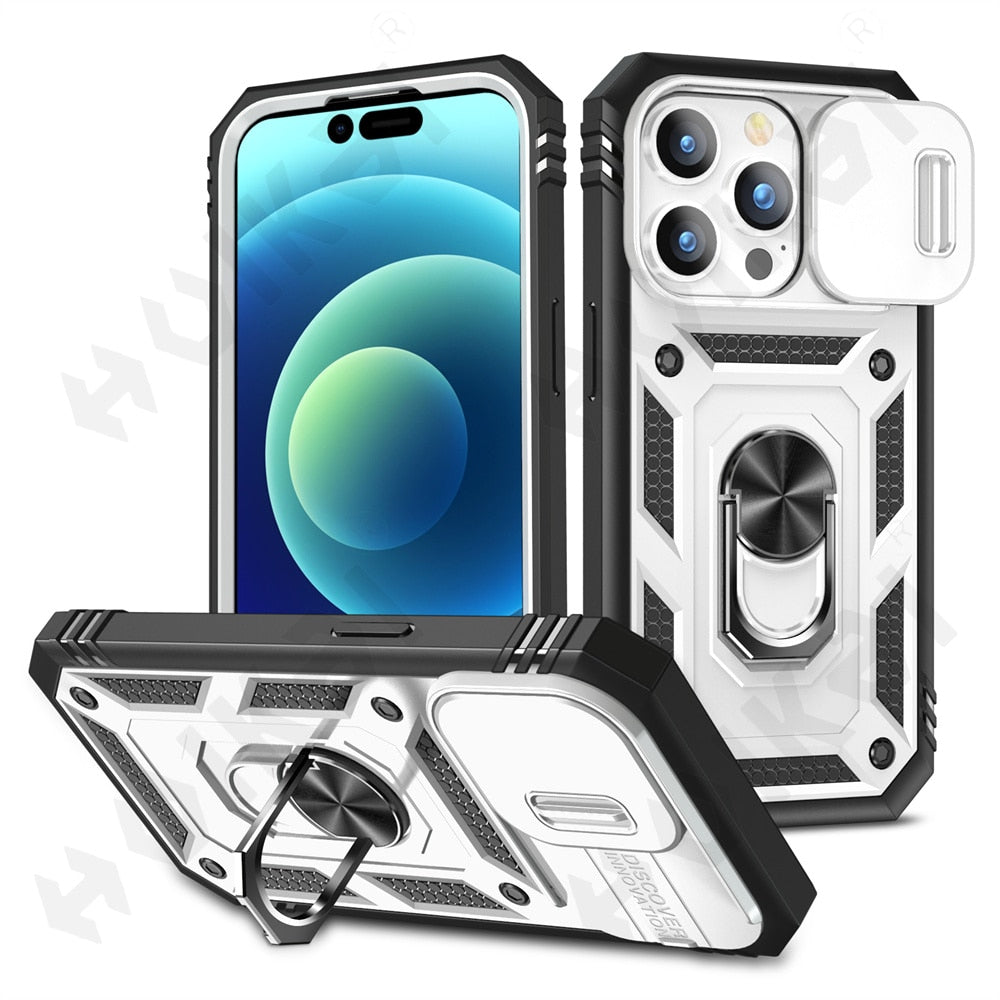 Slide Camera Case For iPhone 14 Heavy Duty Build in 360 Degree Rotate Kickstand Covers - theroxymob