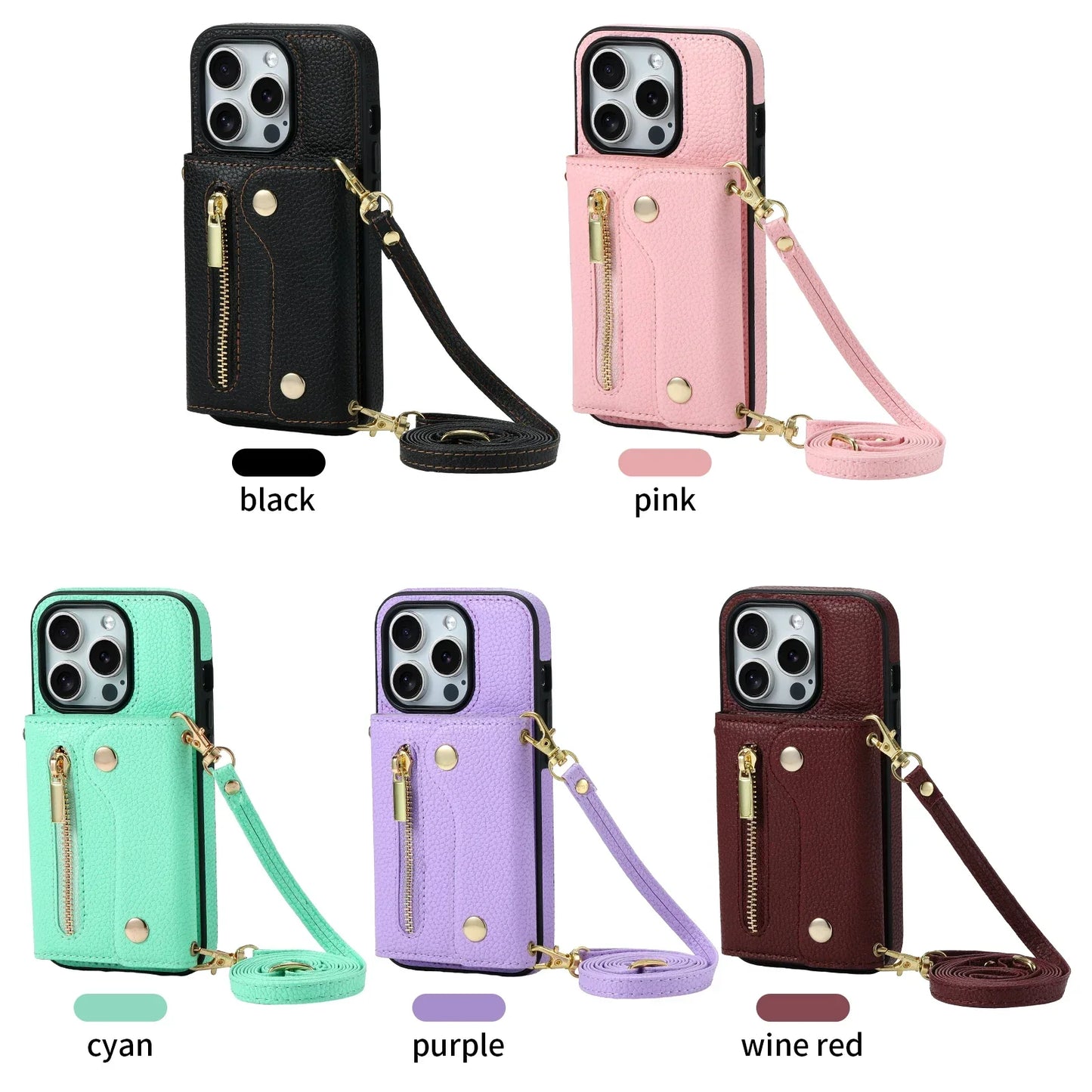 LUXURY LEATHER CARD HOLDER CASE WITH DETACHABLE LANYARD FOR IPHONE 13 TO 15