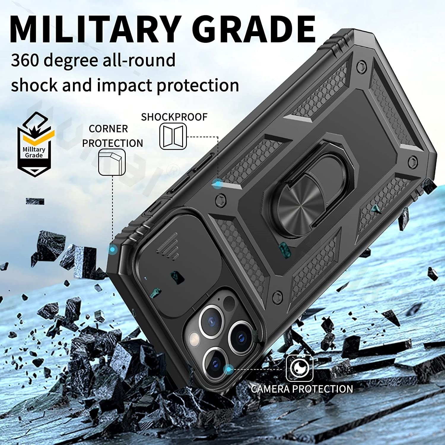 Slide Camera Case For iPhone 14 Heavy Duty Build in 360 Degree Rotate Kickstand Covers - theroxymob