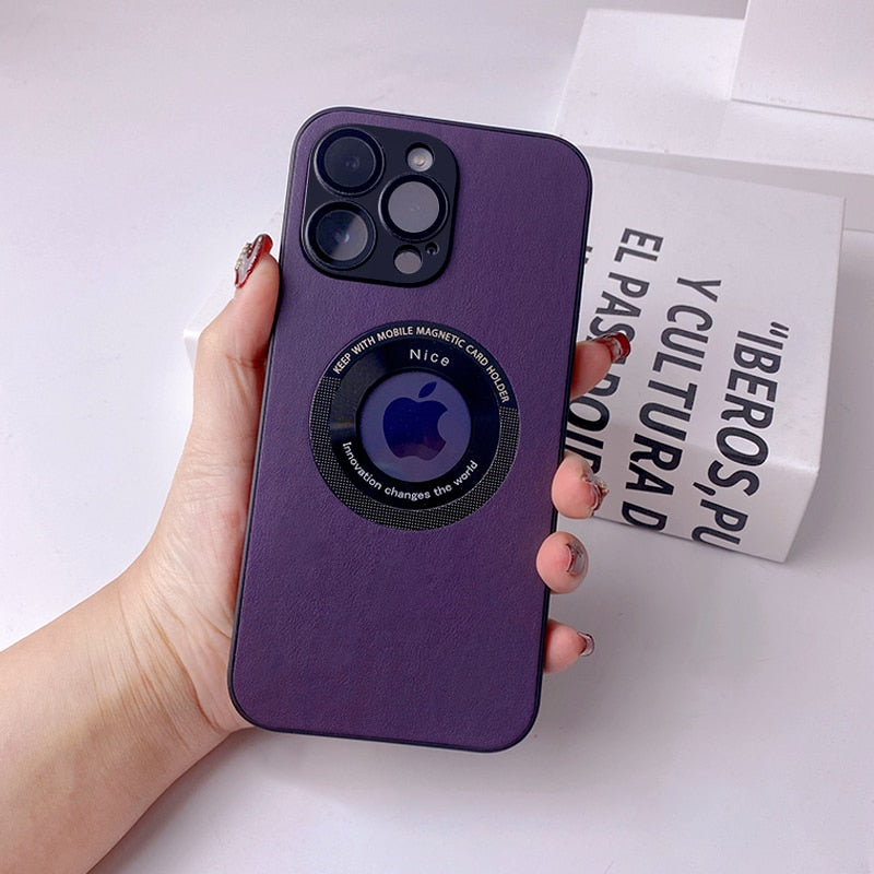 Luxury Leather Logo Hole Case for iPhone 14/13 /12 Glass Camera Film Protection Soft Shockproof Cover - theroxymob