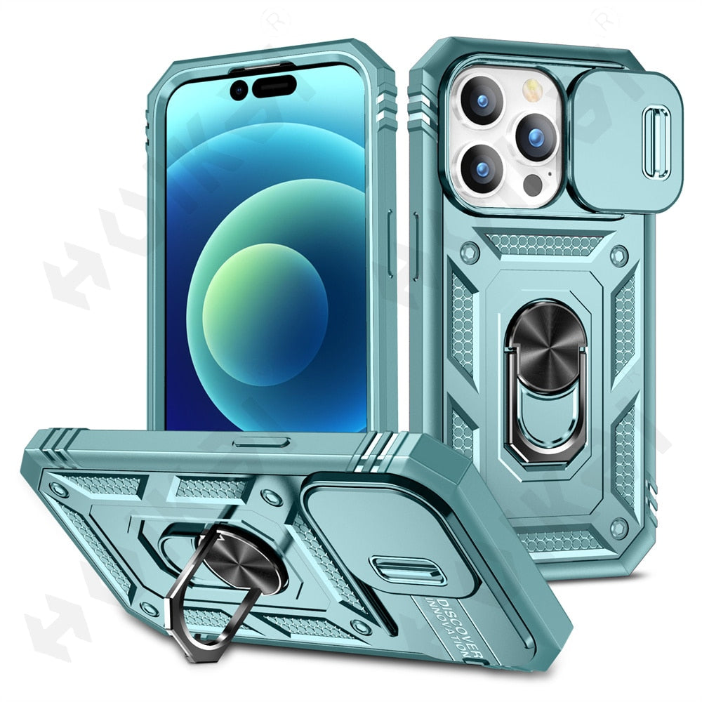 Slide Camera Case For iPhone 14 Heavy Duty Build in 360 Degree Rotate Kickstand Covers - theroxymob