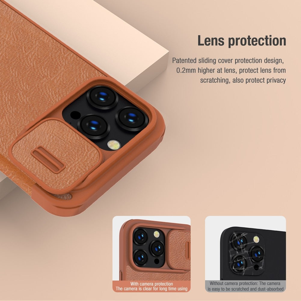 For iPhone 14 Leather Flip Cover Slide Camera Lens Protection Case - theroxymob