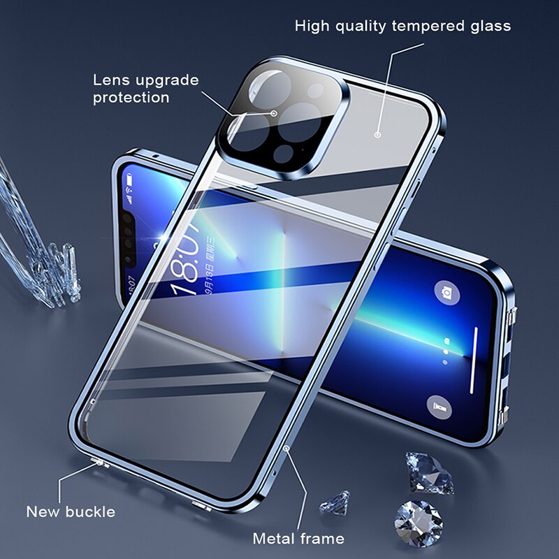 Magnetic Metal Adsorption Case For iPhone 14 Double-sided Glass Lens Protection Snap On Cover - theroxymob