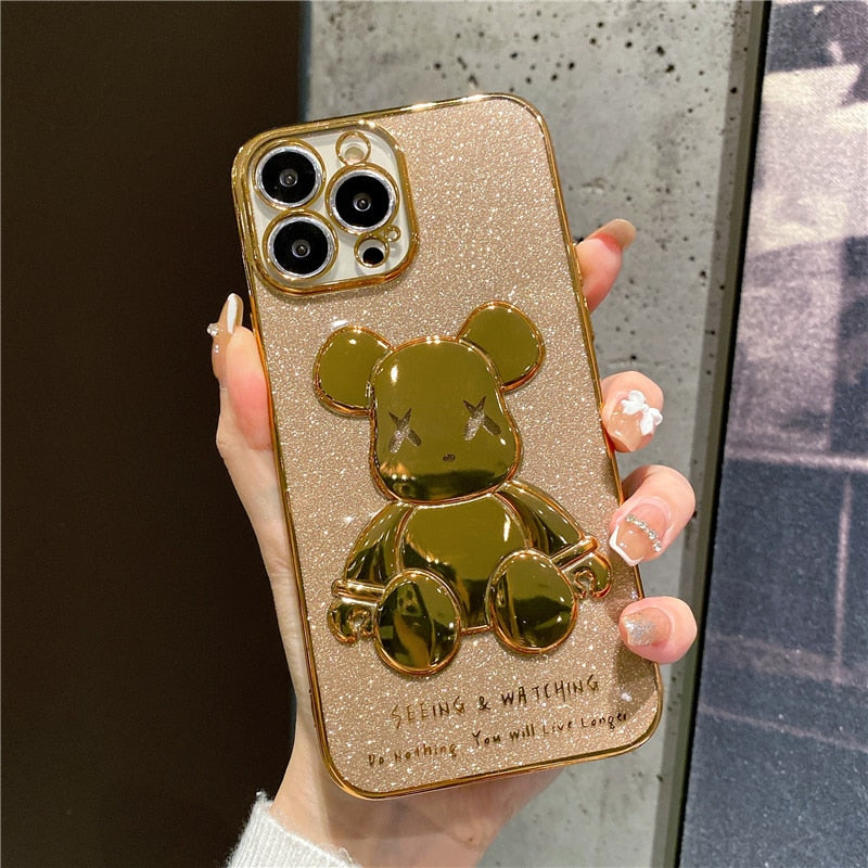 Plating Glitter Bear Phone Case For iPhone 14 13 12 - theroxymob